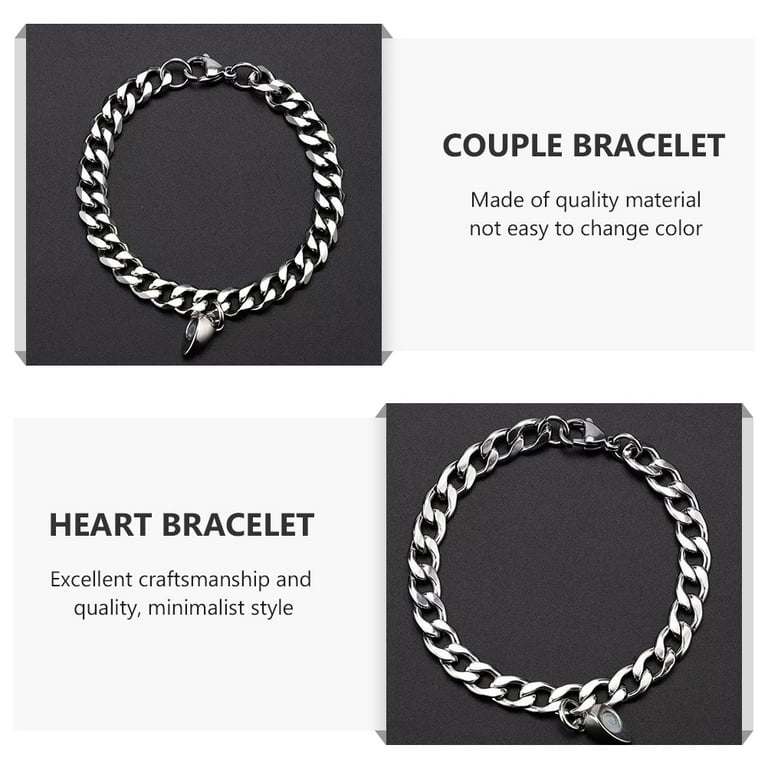 2pcs/set Heart Charm Magnet Pendant Stainless Cuba Chain Bracelets Couple  Jewelr