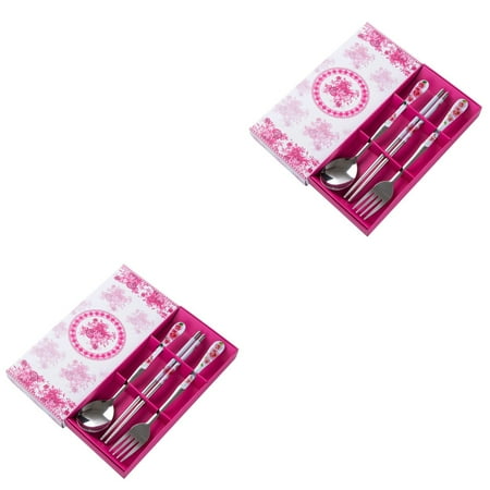

6 PCS Stainless Chopsticks Steel Flatware Set Server Fork Cutlery Portable Pink