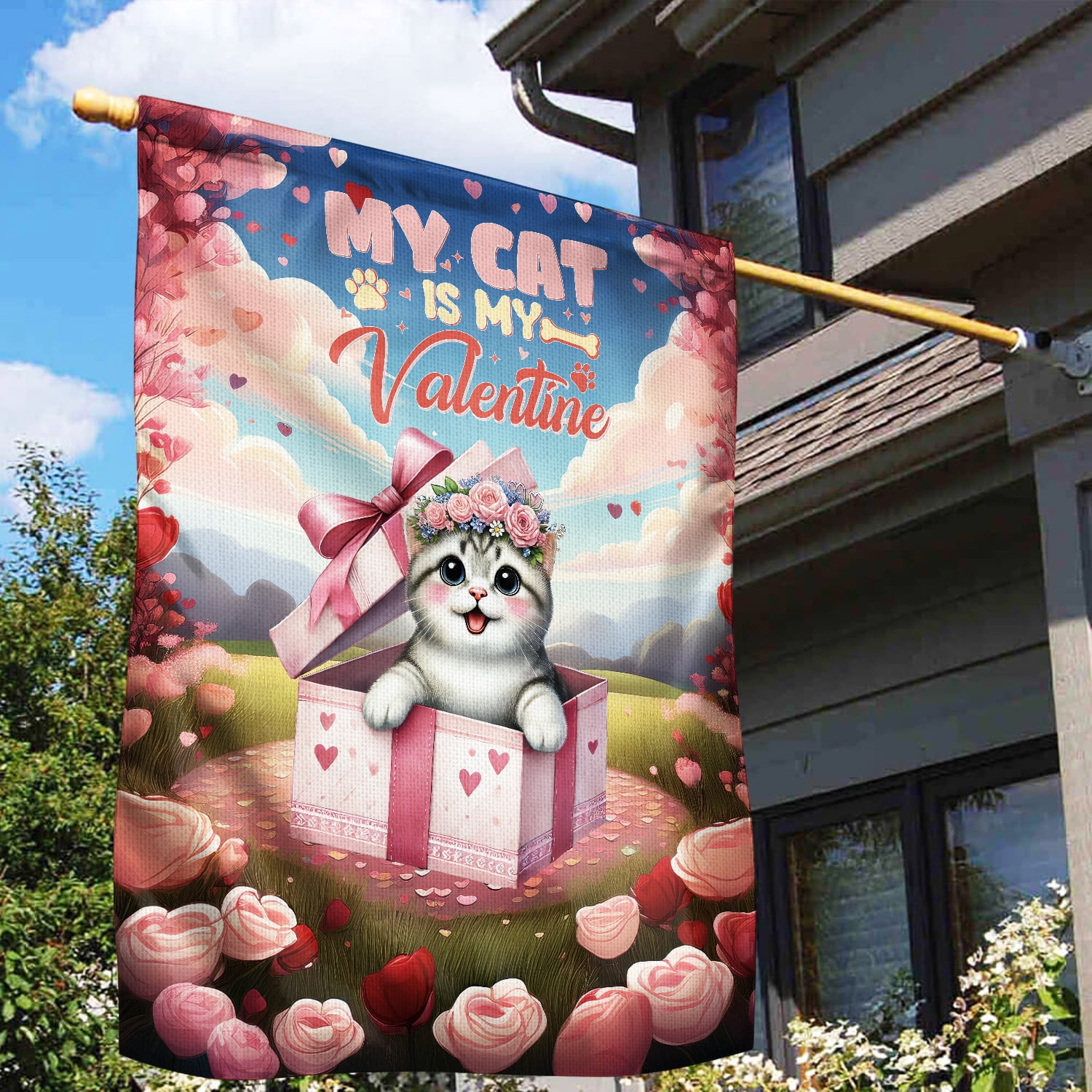 My Cat is My Valentine Cute American Shorthair in Gift Box House Flag 28x40in Double Sided Cat Lover Kitten Owner Gifts Outdoor Decor - 3006