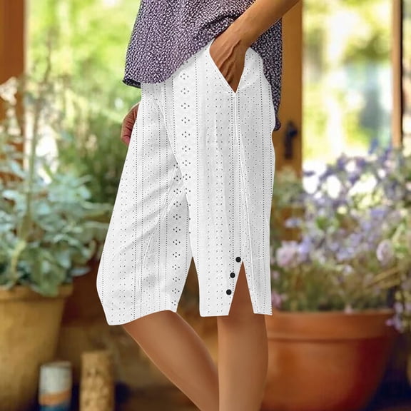 Oiangi Womens Summer Shorts Casual Eyelet Bermuda Shorts Straight Leg Split Hem Long Shorts with Pockets White M