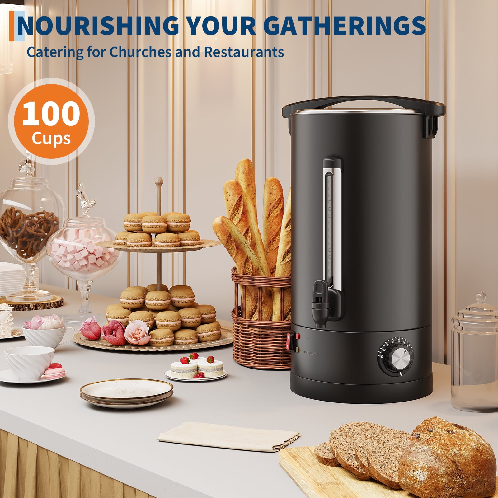 14L/100 Cups Coffee Urn-3.8 Gallon Double Wall Commerical Coffee Maker for Buffet Catering Wedding Gathering,Large Capacity Hot Coffee Dispenser,Stainless Steel Hot Water Urn-Black