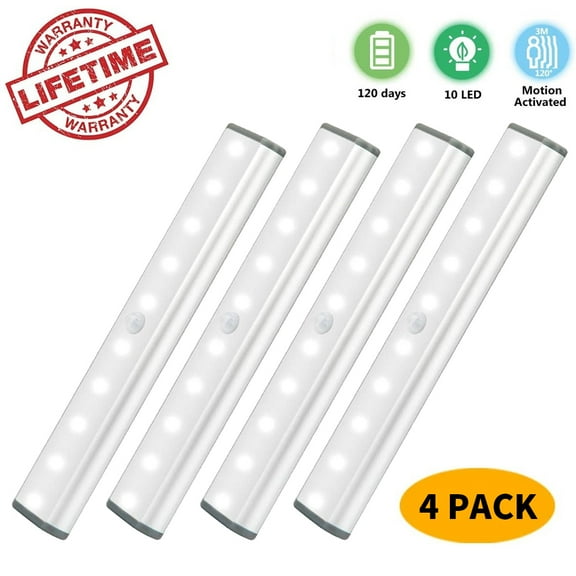 LED Closet Light Motion Activated, Cordless Under Cabinet Motion Sensor Light, Wireless Stick-on Anywhere Battery Operated 10 LED Motion Sensor Night Light for Closet Hallway Stairway, 4 Pack