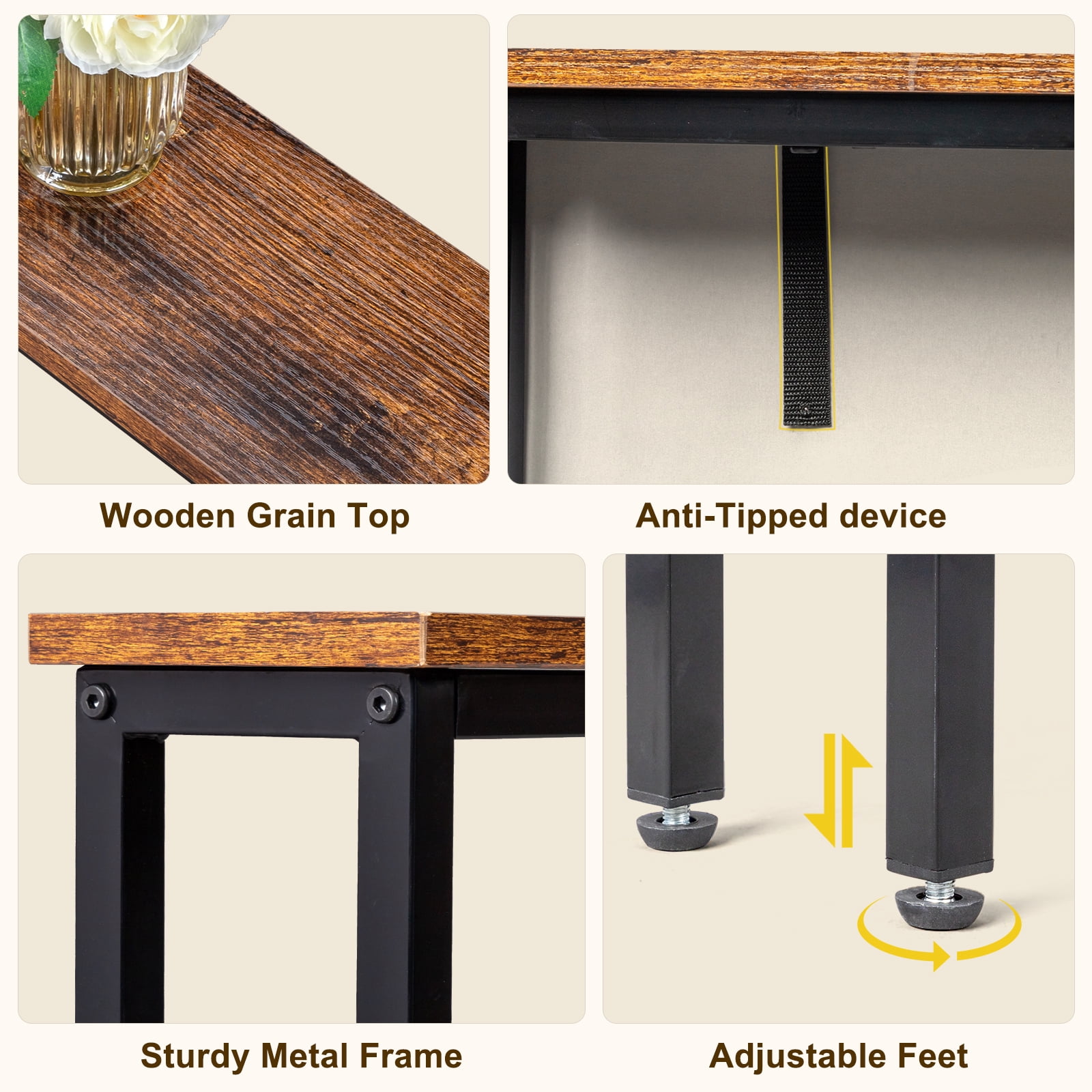 2 Pack 39.4" Narrow Console Sofa Table with Power Outlets and USB Ports, Long Couch Table with Metal Frame and Charge Station with 4.9ft Extension Cord, Rustic Brown