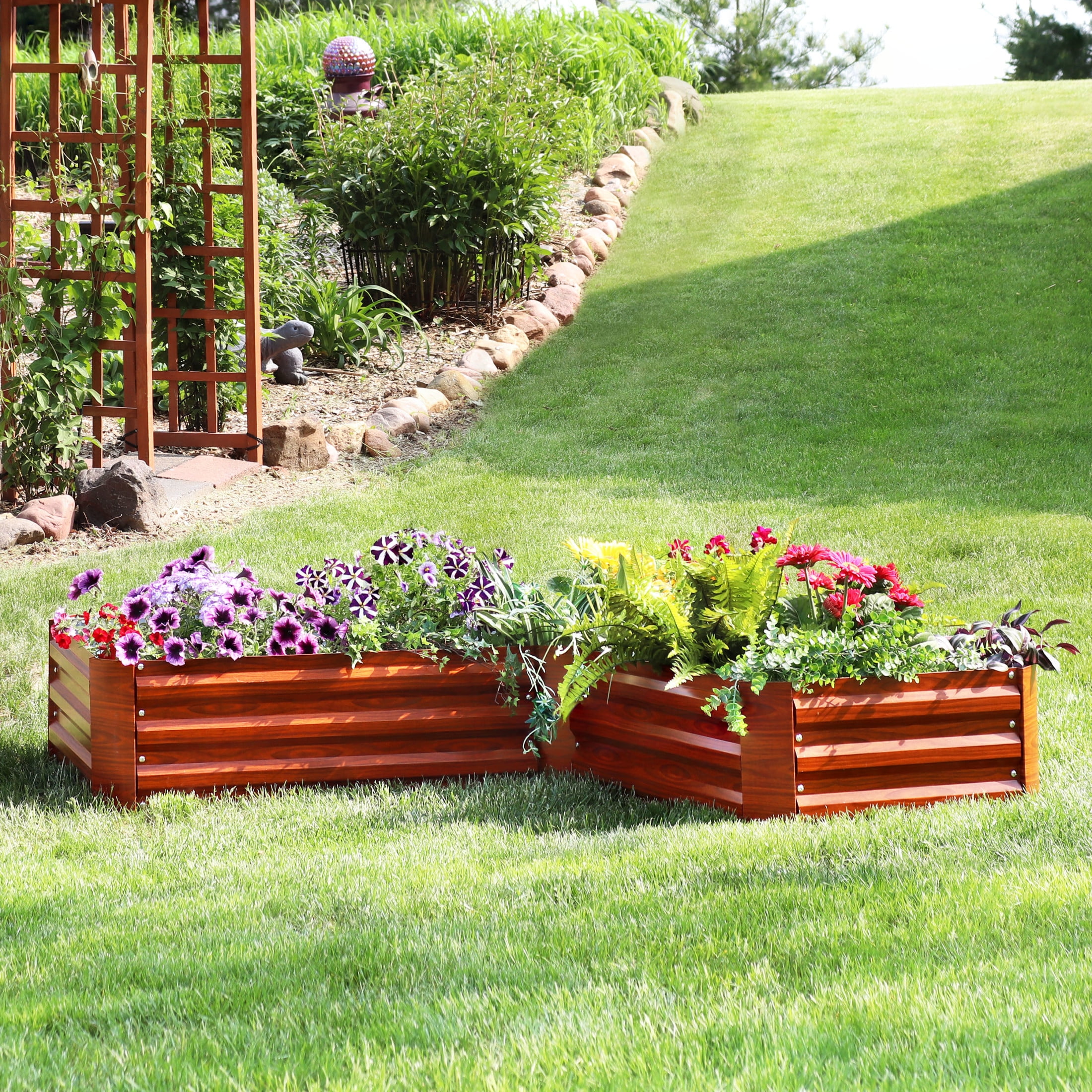 Sunnydaze 59.5" x 59.5" x 11.75" L-Shaped Woodgrain Galvanized Steel Raised Garden Bed