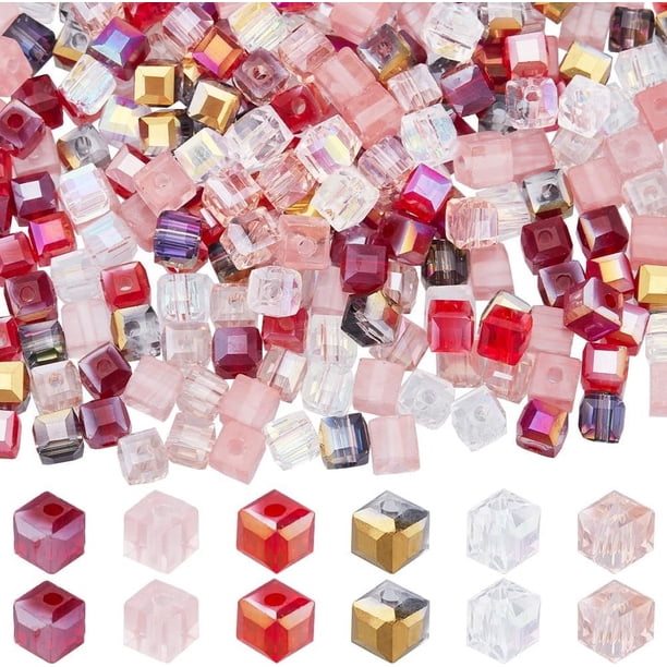 1 caja de 300 piezas de cuentas de vidrio cúbicas de 4 mm en 6 colores, a granel, cuadradas, rojas, transparentes, chapadas en color AB, facetadas, sueltas, espaciadoras.