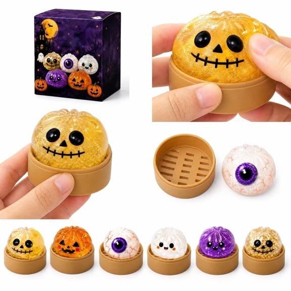 Halloween Dumpling Squishy Toy with Mini Steamer,Spooky Squeeze Stress Ball Slow Rising Sensory Fidget Toy,Ideal Halloween Party Favor Basket Filler