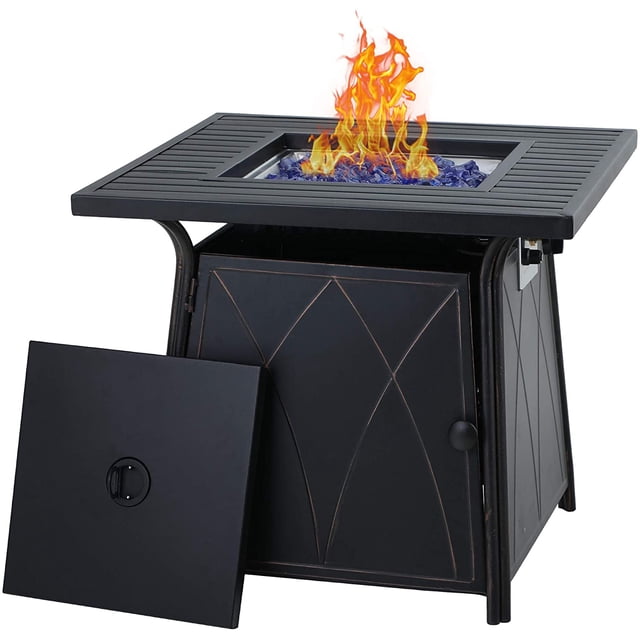 MF Studio Gaz Table de Foyer, 28 Pouces Carré Patio Extérieur Propane 50000 BTU Table de Foyer avec Couvercle et Verre de Feu Bleu, Noir