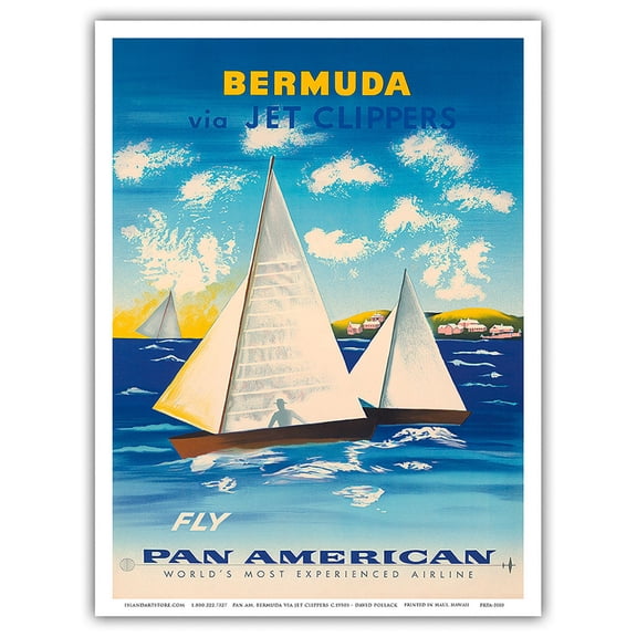 Bermuda via Jet Clippers - Fly Pan American World Airways - Sail in Somers Isles - Vintage Airline Travel Poster by Edward McKnight Kauffer c.1950s - Master Art Print (Unframed) 9in x 12in