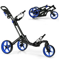 Gymax 3 Wheels Foldable Golf Push Pull Cart Trolley w/ Adjustable Handle Brake Blue
