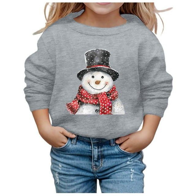 PMVFHDE Liquidation Chandails Molletonnés à Col Rond Fille Graphique Chandails d'Automne et d'Hiver de Noël pour Filles Imprimé Col Rond Manches Longues Décontracté Chandail Sans Capuche Vêtements pour Filles, Gris, 9-10 Ans