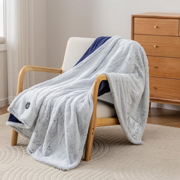 Berkshire Reversible Heated Throw - Jacquard Faux Fur & Silky Plush Electric Blanket with 4 Heat Settings & 4H Auto Shut-Off, Machine Washable (50" x 60", Select Comfort Blue)