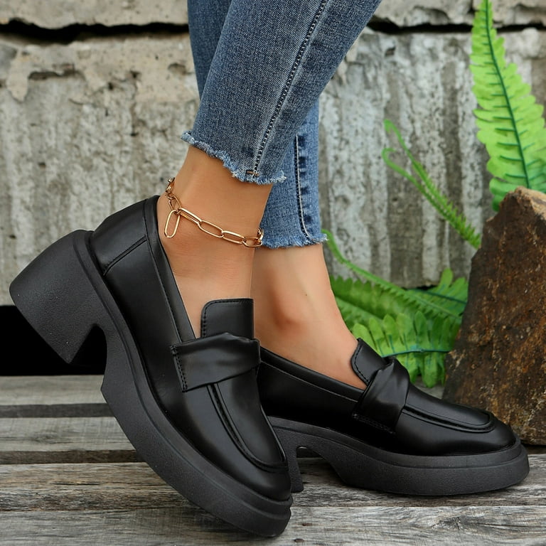 NOKIO Black Platform Chunky Loafers for Women Mary Jane Loafers