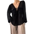 thumbnail image 2 of Lace Tie Front Top for Women Y2k Sheer Chiffon Long Sleeve Bowtie Blouse Flowy Boho Peplum Shirt Black L, 2 of 8