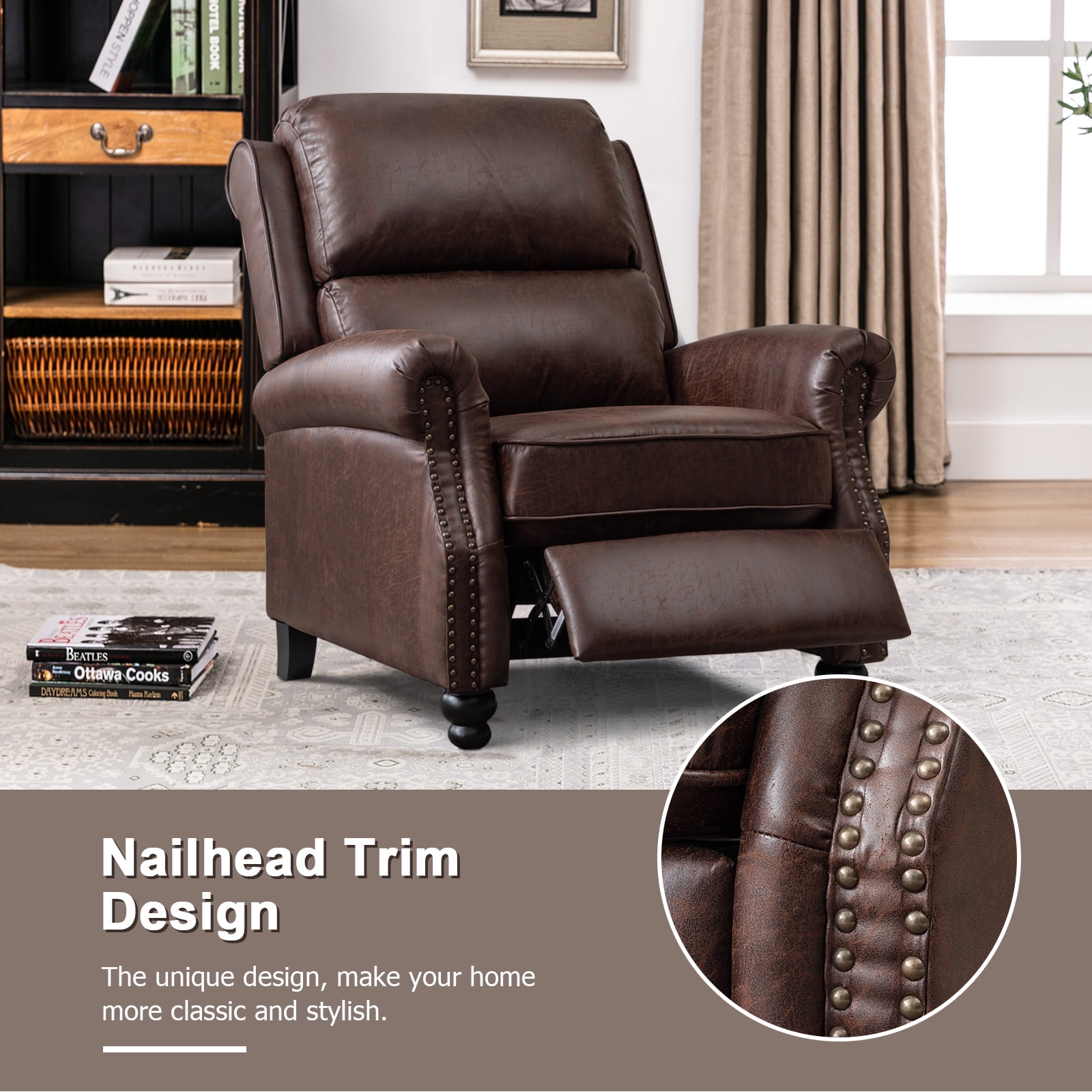 Bonzy Home Pushback Recliner Chair Leather Armchair Push Back Recliner with Nail Head Single Sofa Accent Chair for Living Room, Chestnut
