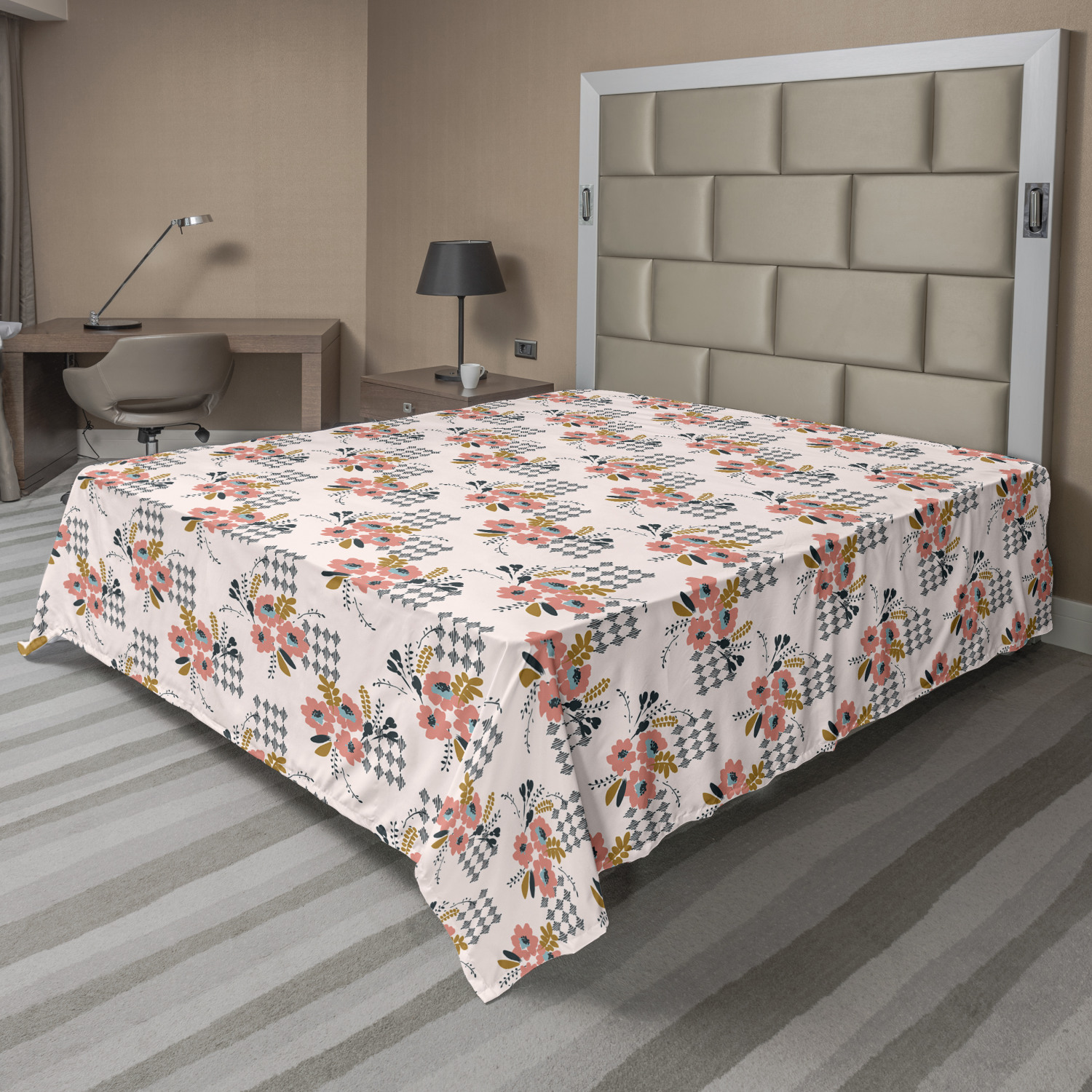 Floral Flat Sheet, Continuous Watercolor Vintage Flowers Motif Pattern