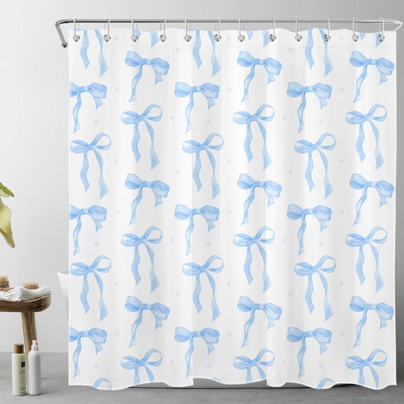 HVEST Blue Bow Shower Curtain with Blue and White Design - Modern Simple Aesthetic Bathroom Decor, Waterproof Polyester Fabric, Includes 12 Hooks, 72x72 Inches