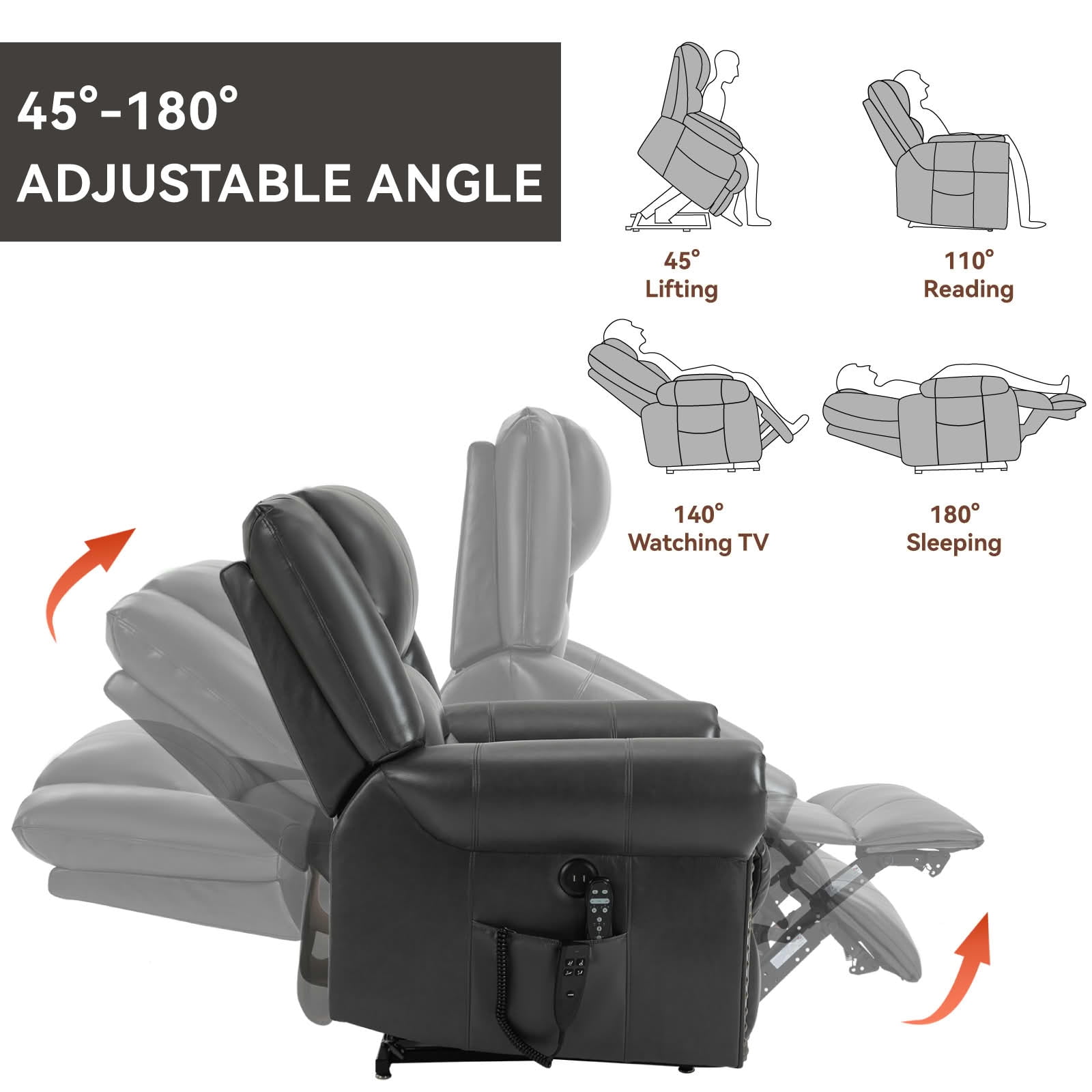 MAYEERTY 350lbs Grey Faux Leather Power Lift Recliner, Dual Motor 180° Infinite Position Chair with Heat Massage USB Ports