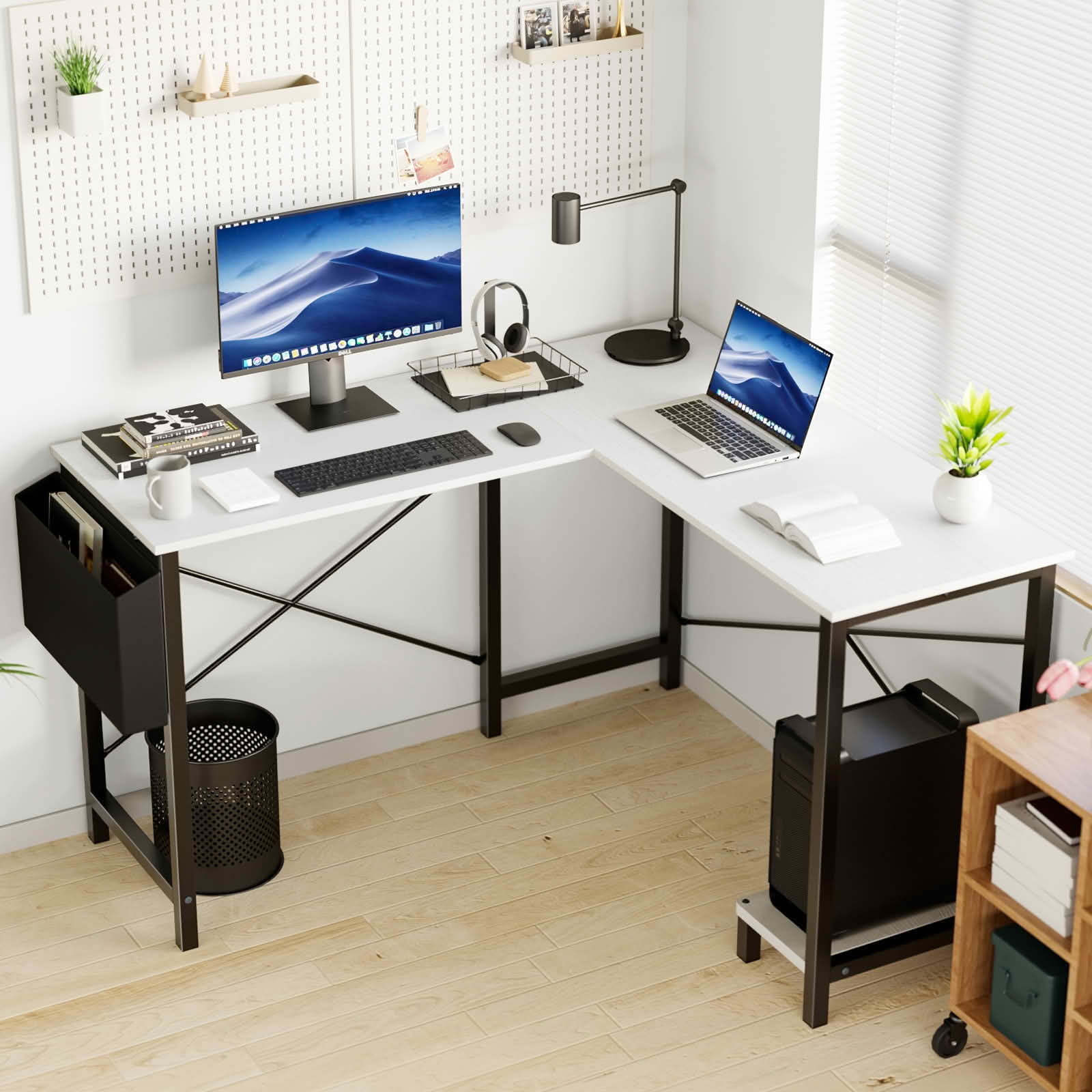 MAYEERTY 49in L-Shaped Computer Desk, CPU Stand Side Bag, Study Writing Workstation, White