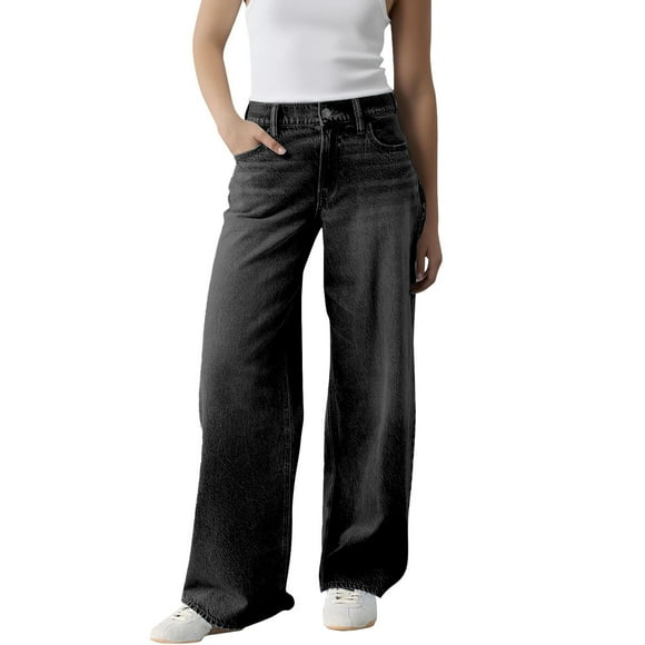Yigetop Baggy Jeans Women, Women Baggy Jeans Wide Leg Jeans Trendy Stretchy Straight Leg Jean Loose Casual Denim Pants Stretchy Jeans for Women, Black M