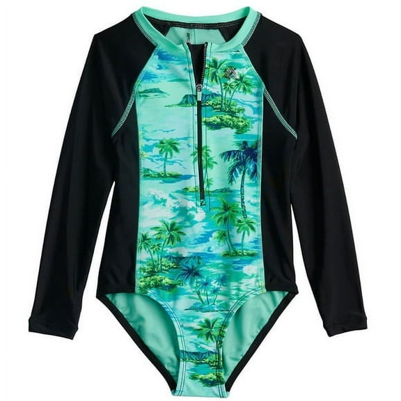 ZeroXposur Long Sleeve One-Piece Swimsuit in Regular & Plus, Girl's, Size: XX Small (4/5), Green