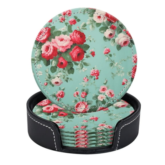 PU Leather Coasters for Drinks Bar Beer,Set of 6 with Holder,Round Housewarming Gift,Vintage Shabby Chic Roses Floral Pattern On Turquoise Background