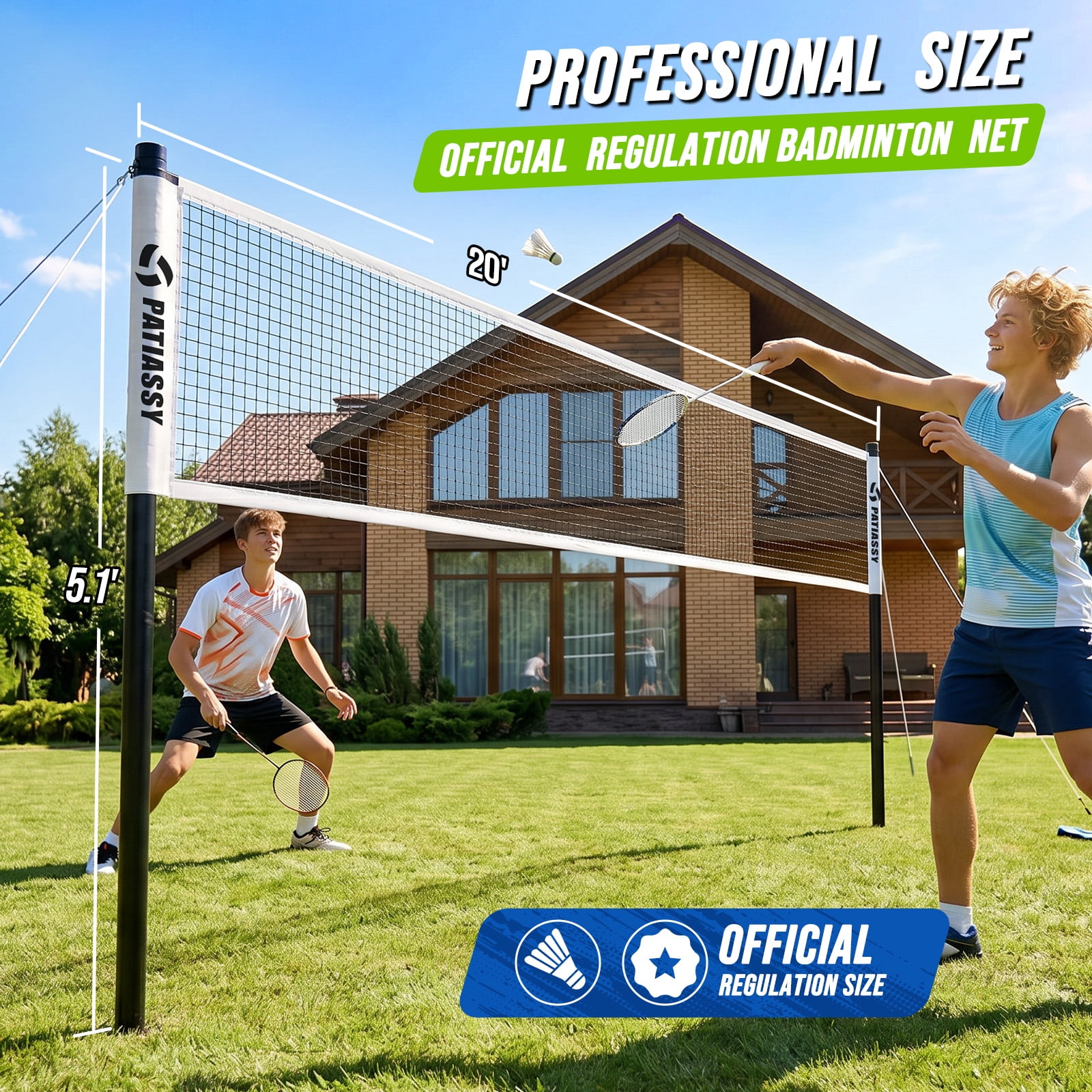 Patiassy Badminton Set with Net for Backyard, 4 Rackets, Portable Easy Setup, Anti-Sag Net System, Outdoor Family Game Kit with Carrying Bag