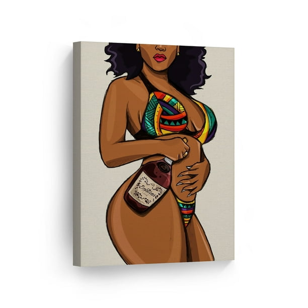 Smile Art Design Sexy African Woman In Bikinis With Whiskey Bottle Colorful Painting Canvas Print Wall