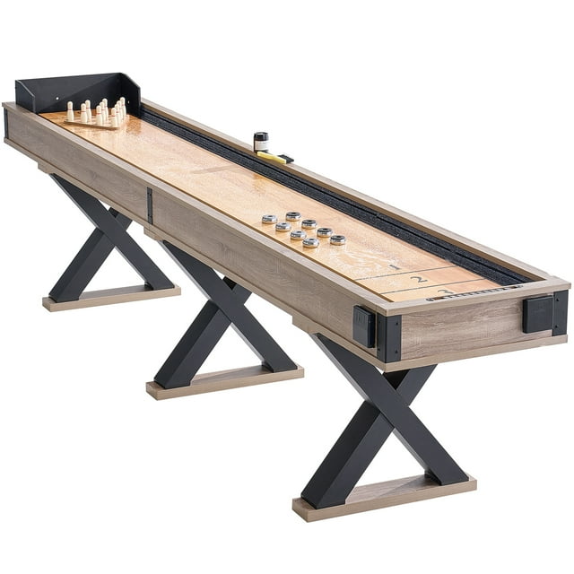 KFFKFF Plateau à Shuffle et Table de Quilles, 11,5 Pi, Conception à Double Usage pour Salles de Jeux, Durable avec Surface Résistante aux Égratignures, Comprend des Pattes, 8 Rondelles, des Quilles, de la Cire et une Brosse
