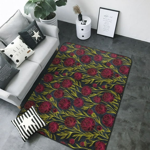 Area Rugs For Living Room Decor - Burgundy Peony Flowers Soft Anti Slip Throw Washable Rugs 5x7 For Bedroom, Indoor Carpet For Bedroom Living Room 80x58In