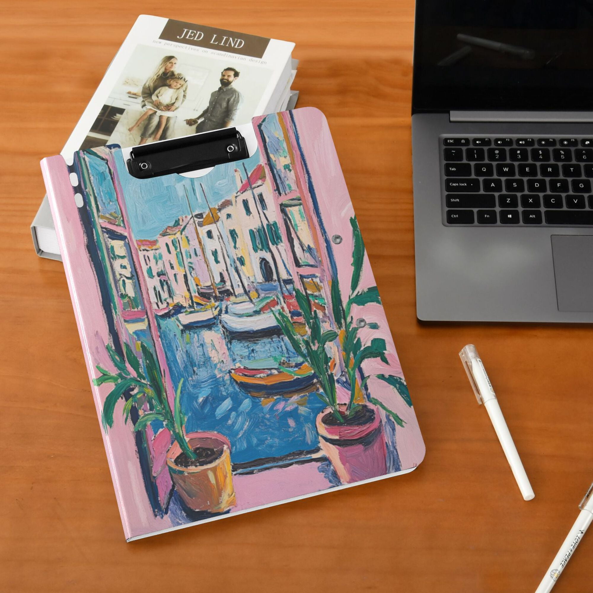 FORMRS A4 Clipboard Folder with Pen Holder Horizontal Foldable School Office Binder, Blue Plants Window