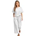 thumbnail image 4 of UACY Girls Pants Sets 2 Piece Outfits Casual Half Sleeve Tops with Wide Leg Palazzo Pants Summer Cropped Lounge Set ﻿ (White, 9-10 Years), 4 of 6