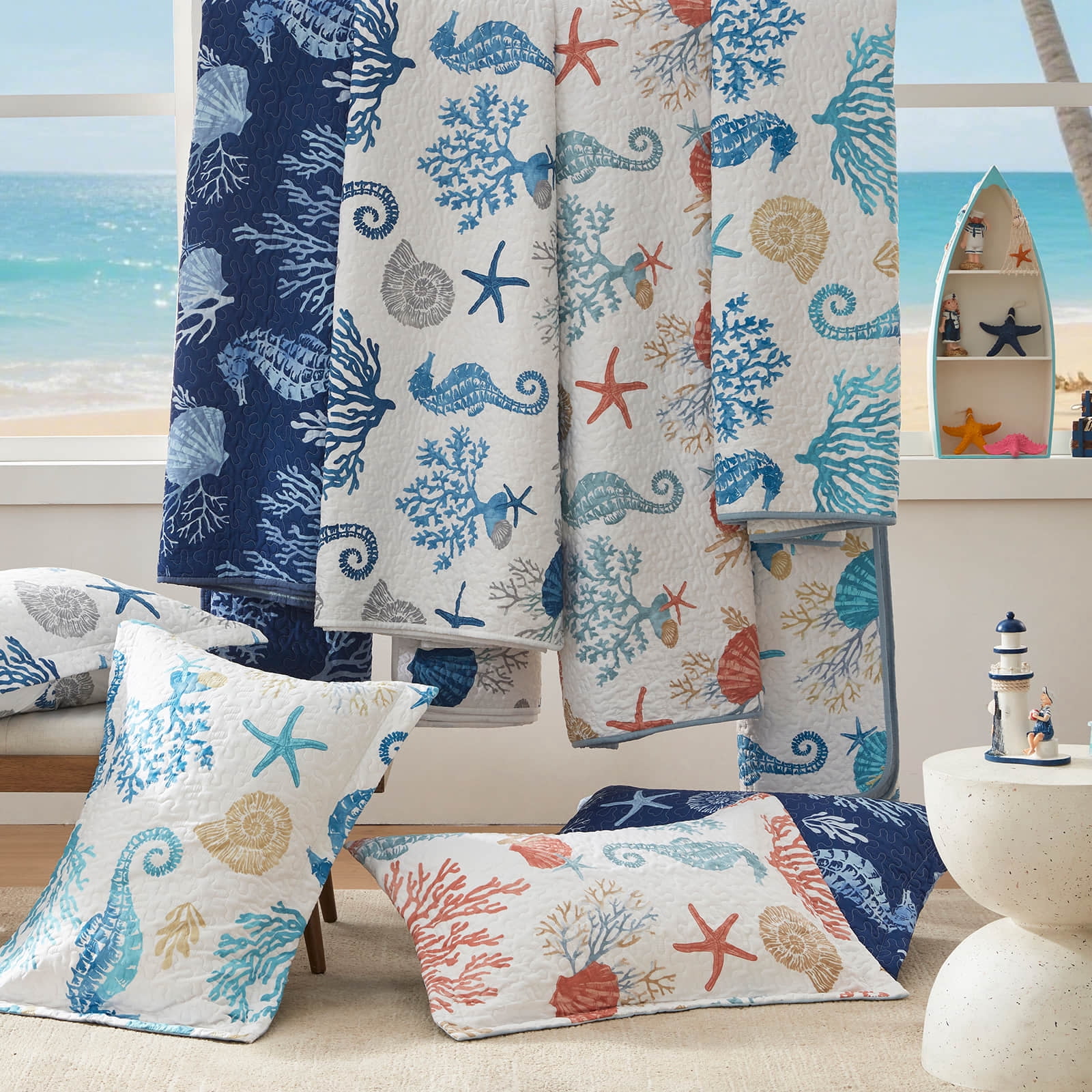 Coastal Quilt Set King Size - Lightweight Microfiber Reversible Bedspread, 98''x106'', Sky Blue, Includes 2 Shams