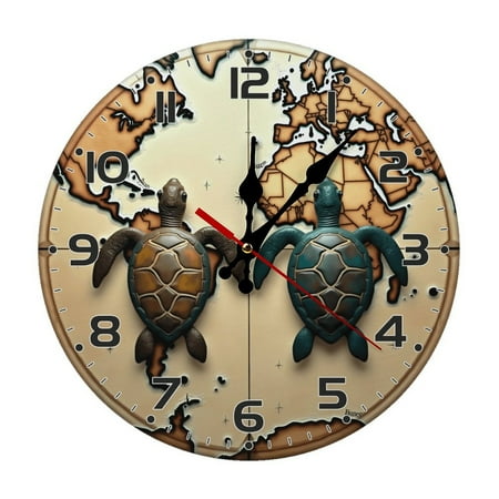 Sea Turtle World Map Wall Clock 10 Inch Silent Non Ticking Round Wooden Clock Decoration for Living Room Kitchen Bedroom Bathroom Office Classroom