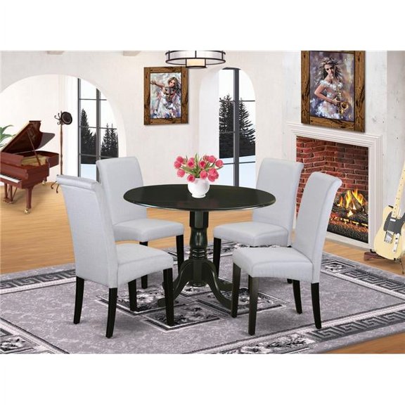 5 Piece Dublin Small Round Table with Linen Grayish Blue Fabric Kitchen Chairs with Black Chair Legs