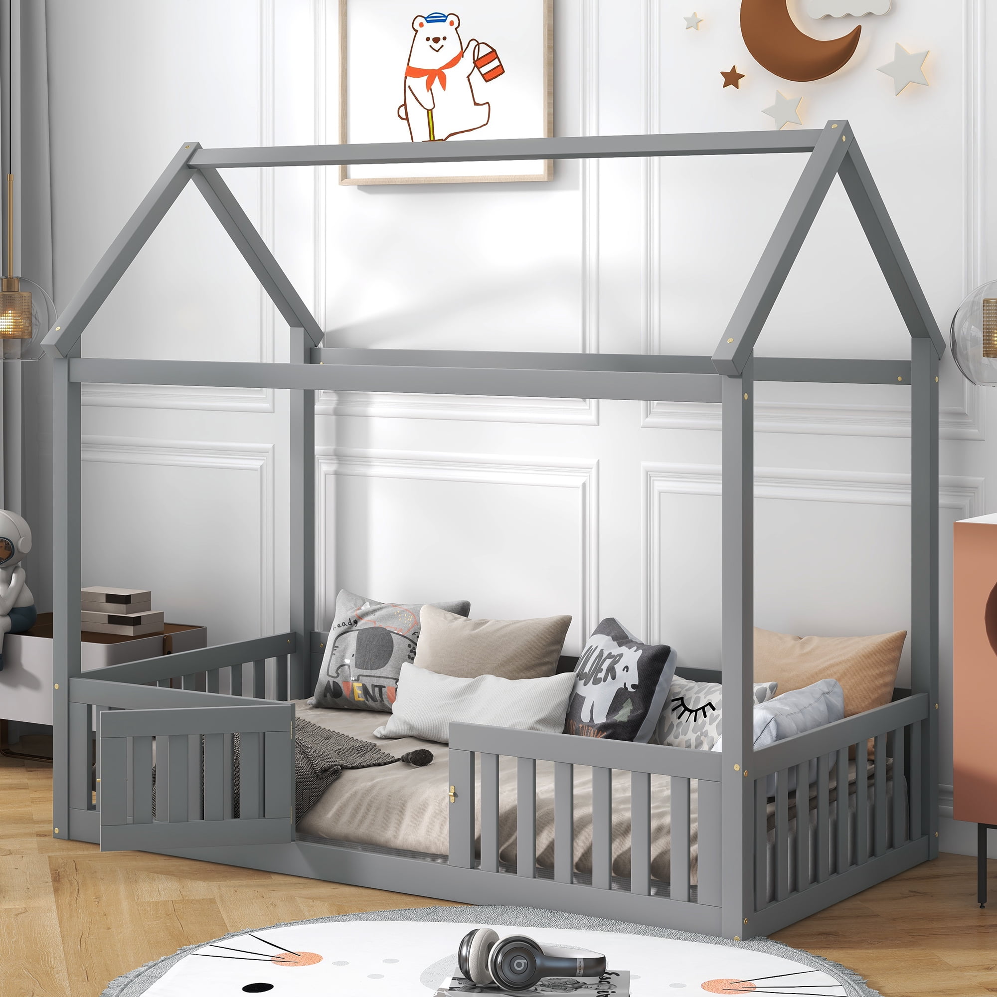 Euroco Twin Size Low House Bed with Fence and Door, Gray