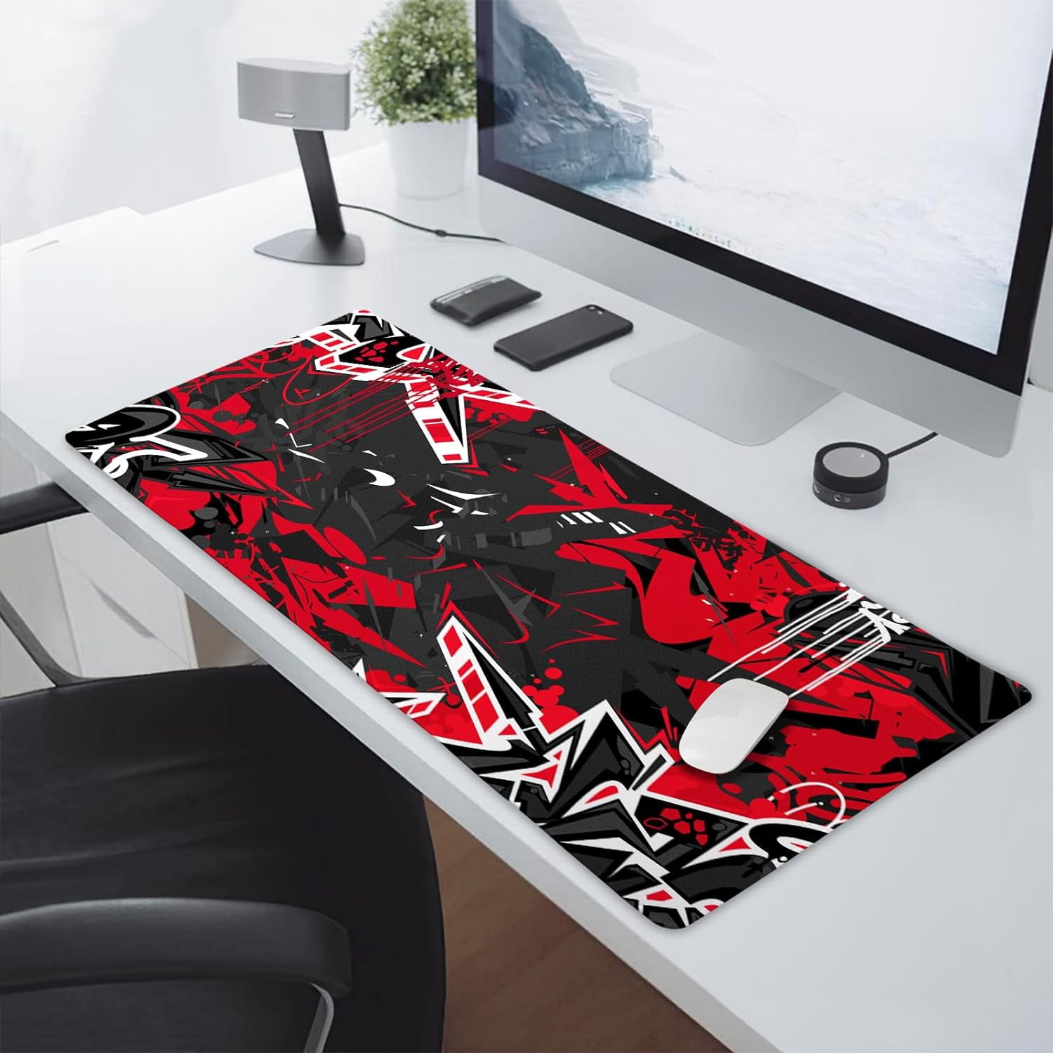 Black Red Gaming Mouse Pad XXL Abstract Graffiti Geometric Cool Extended Big Large Desk Mat Non-Slip Rubber Base Stitched Edge Long Keyboard Mousepad for PC Computer Laptop,35.4×15.7 in
