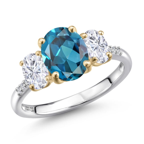 Gem Stone King 925 Silver and 10K Yellow Gold London Blue Topaz and White Moissanite and Lab Grown Diamond Engagement Ring for Women | 3.31 Cttw | Oval 9X7MM | November Birthstone | Size 6