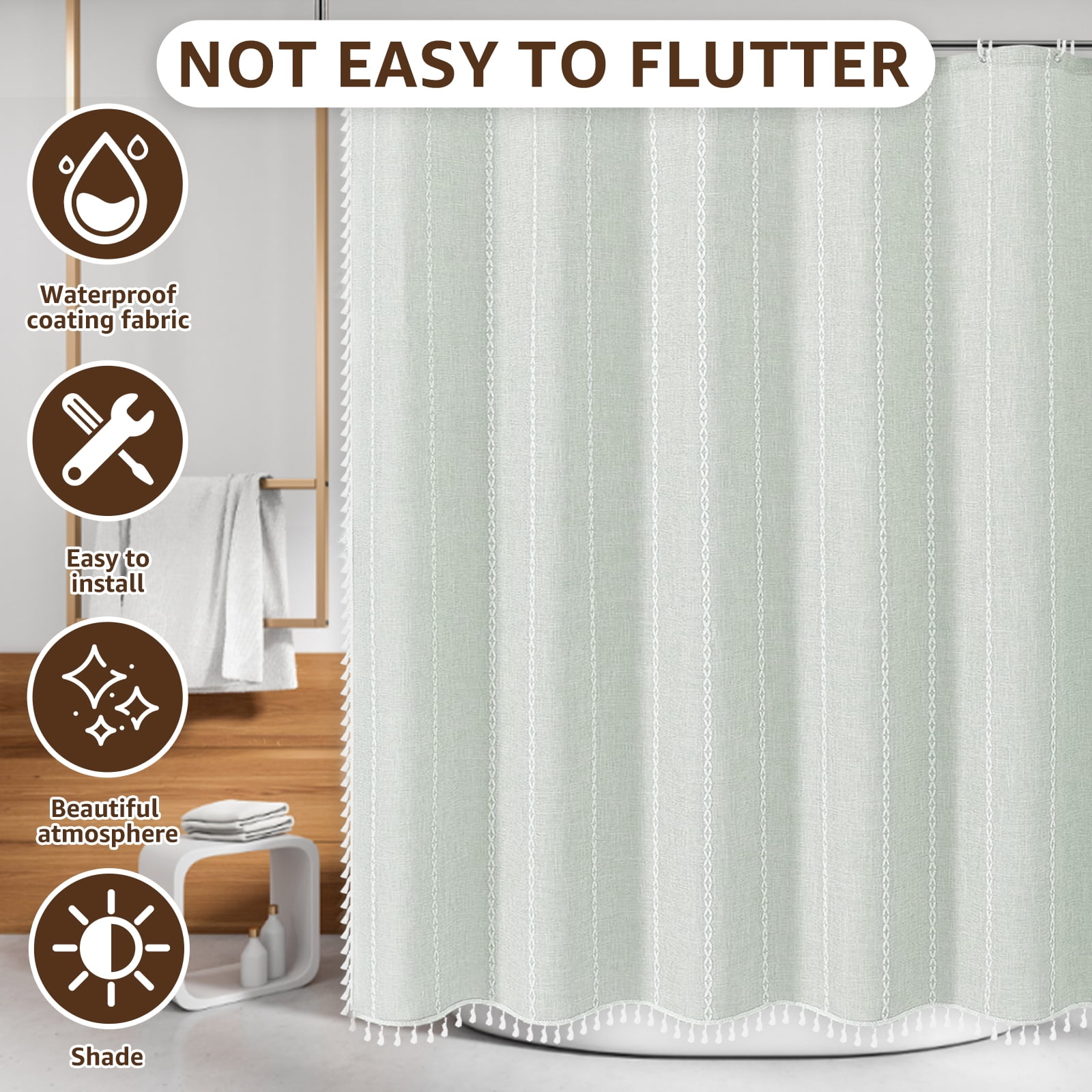 Dznils Boho Tassel Shower Curtain with Hooks, Farmhouse Thick Cloth Linen Fabric Bathroom Curtain, Green, 72" x 72"