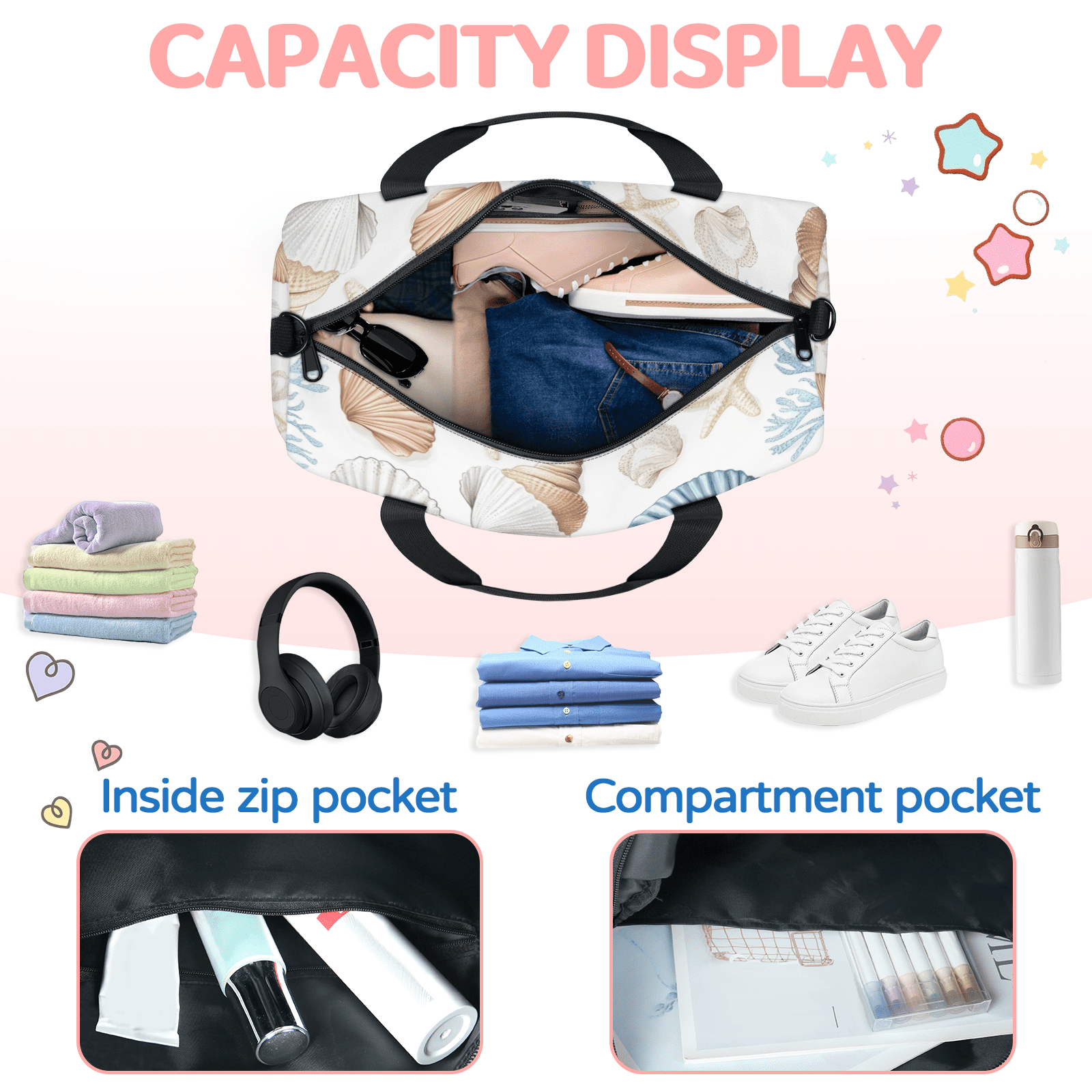 Herdesigns Nautical Coastal Gym Bag for Women, Starfish Seashell Coral Duffle Bag for Travel Sport, Lightweight Waterproof Carry on Weekender Overnight Dance Yoga Workout Bags