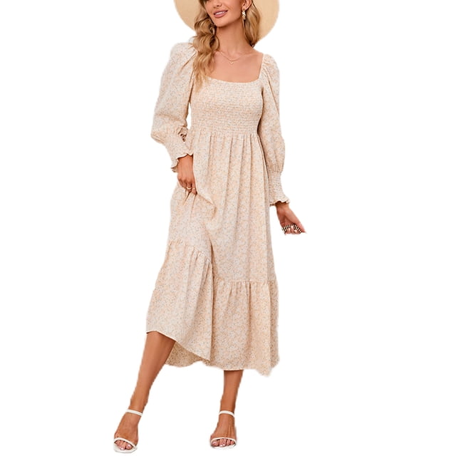 Innerwin Manches Longues Dames Maxi Robes Partie Cou Carré Abricot Sexy 2XL