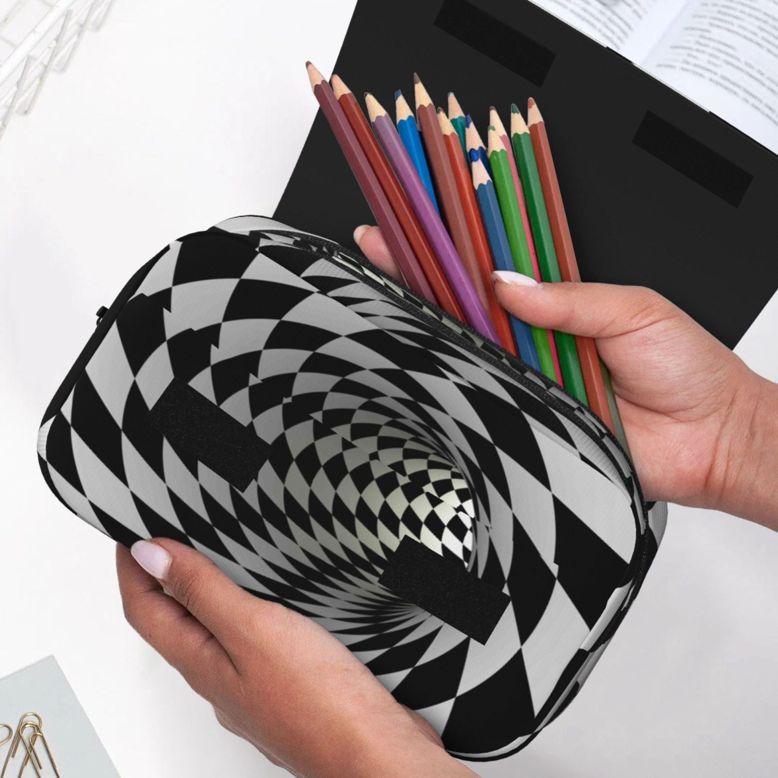 Rateoe 3D Vortex Illusion Pattern Double Clamshell Pen Case, Storage Organizer with Two Zipper Compartments– Holds Up to 50 Pencils & Pens