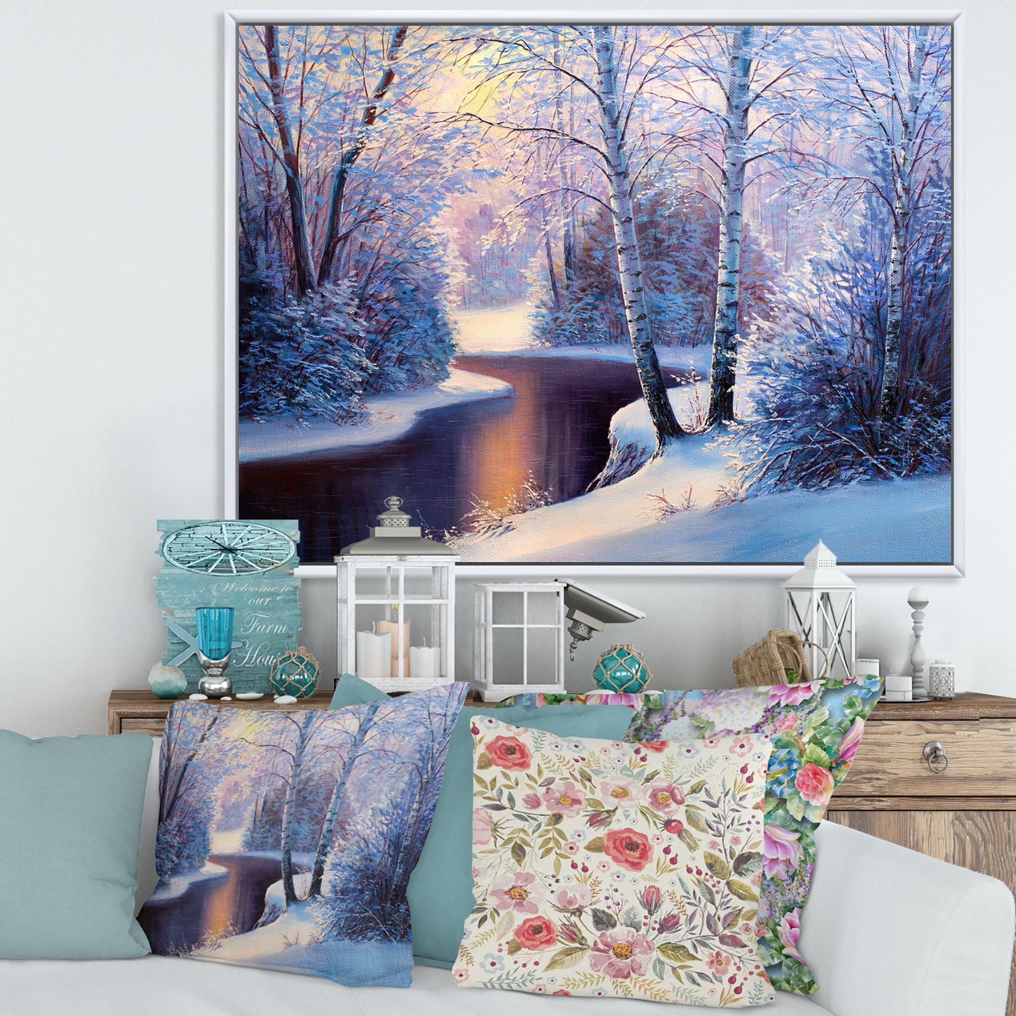 Designart 'Christmas Forest With Trees and River I' Traditional Framed Canvas Wall Art Print