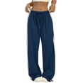 thumbnail image 2 of Women's Solid Color Casual High Waisted Loose Fit Athletic Pants with Side Stripes, Sporty Sweatpants, Elastic Waist Joggers for Running Yoga Women's Trousers,Navy,L, 2 of 6