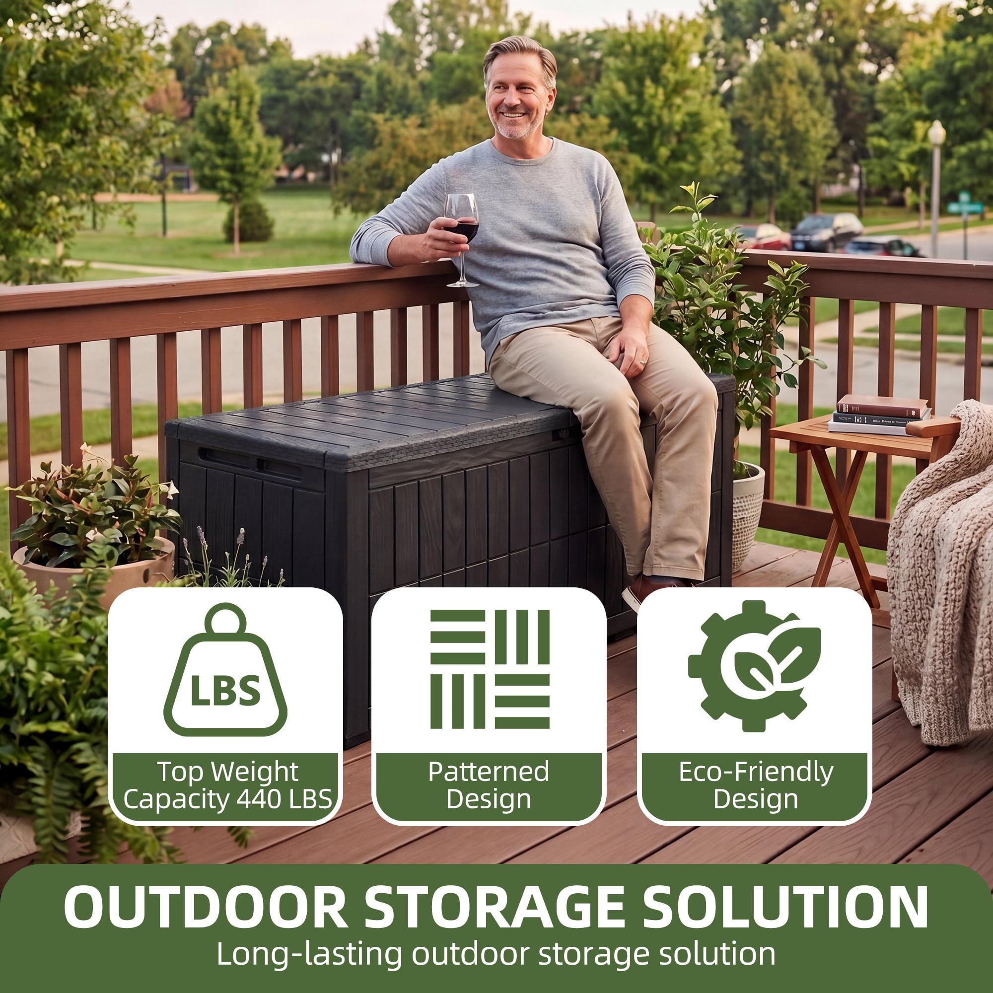 Uforic 134 Gallon Large Deck Box, Waterproof Resin Outdoor Storage Box with Lockable Lid, 2-Person Patio Bench Seat for Furniture Cushions, Garden Tools and Pool Accessories, Black