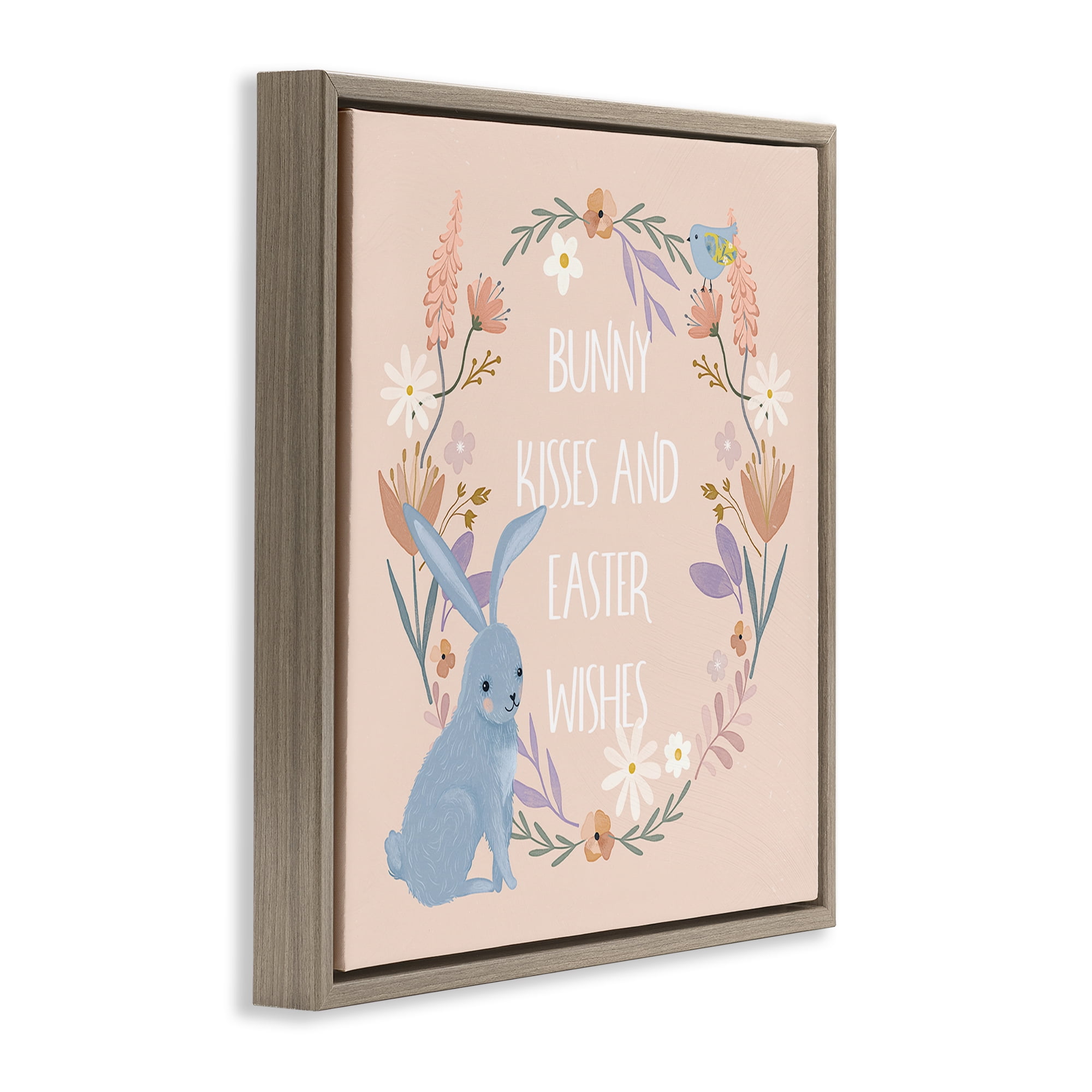 Stupell Industries Bunny Kisses Easter Wishes Holiday Painting Brown Floater Framed Canvas Art Print Wall Art, 25 x 25