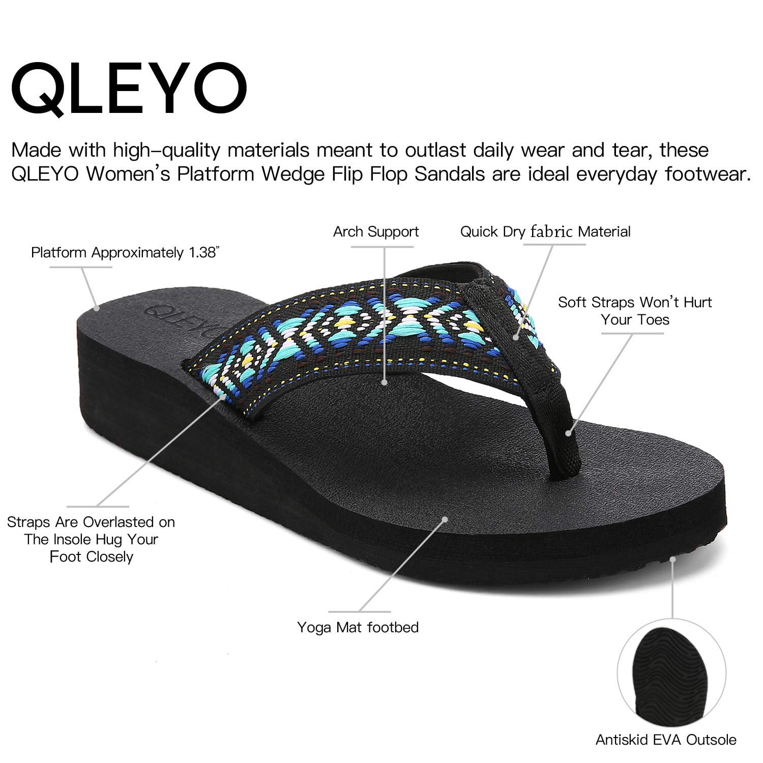  QLEYO Women's Memory Foam Wedge Sandals with Straps for  Walking and Comfort - Perfect for Beach and Outdoor Activities Black Size 5