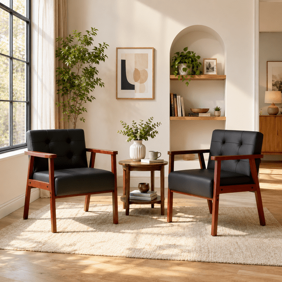 Gewnee Accent Chair Set of 2,Mid-Century Modern Armchair with Solid Wood Frame,PU Upholstered Reading Chair for Living Room,Bedroom,Black