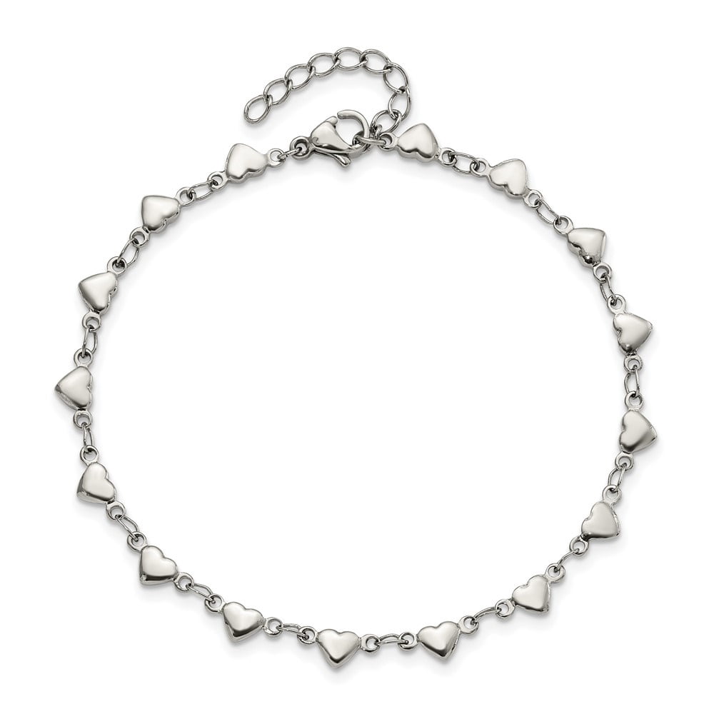 Auriga Fine Jewelry Stainless Steel Polished Hearts 9 inch Anklet Plus 1 inch Extension for Women