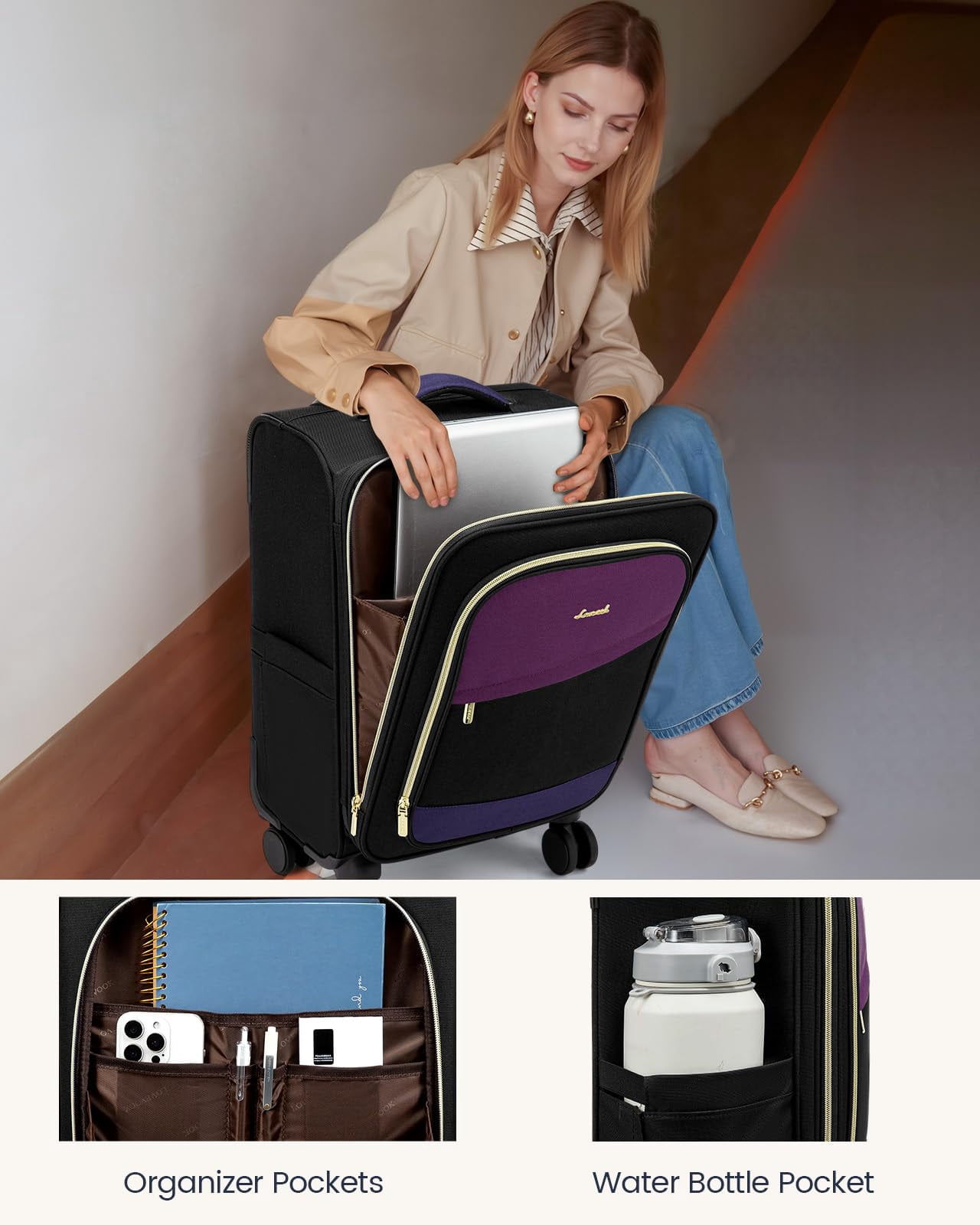 LOVEVOOK 4 Pcs Carry On Luggage 22x14x9 Airline Approved, 20 Inch Carry On Suitcases with Wheels, Softside Rolling Suitcase for Women Men, with TSA Lock Weekender Travel Luggage