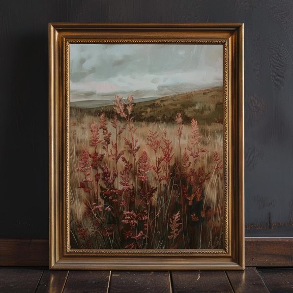 Moody Rustic Landscape Print, Vintage Physical Wall Art, Maroon Wildflower Painting, Moody Red Pastoral Scenery Decor, Dark Academia Decor, Poster Only